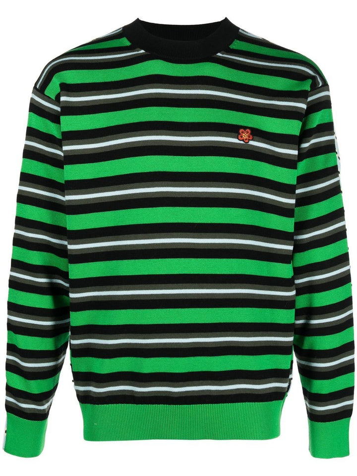 Kenzo Pull rayé vert à fleurs brodées