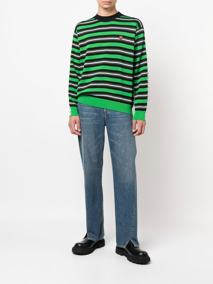 Kenzo Pull rayé vert à fleurs brodées