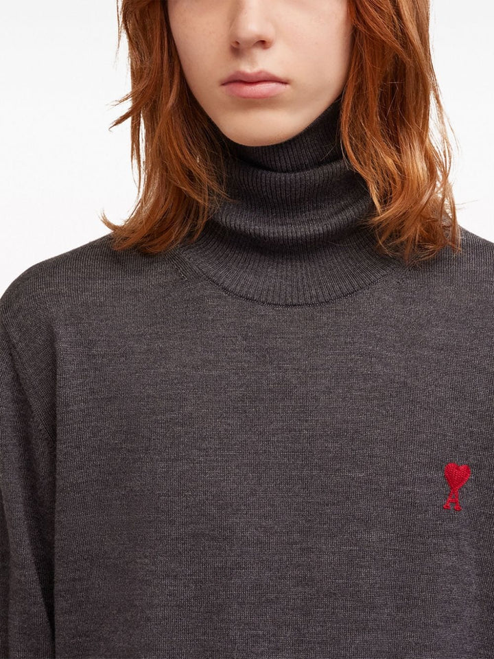 AMI Paris - Pull col roulé gris Ami De Coeur en laine - Lothaire