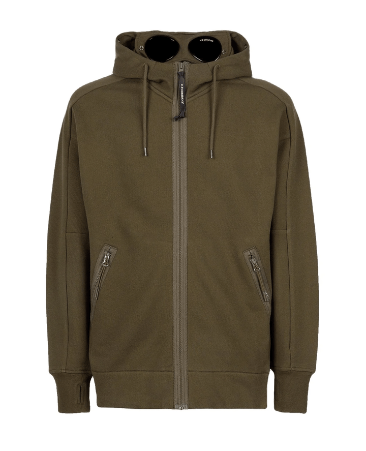 C.P Company Diagonal Raised Fleece Goggle Hoodie Ivy Green - Lothaire